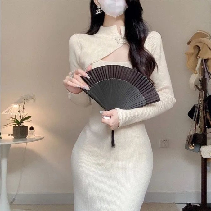 Hollow Frog Button Dress Slim Waist Hip