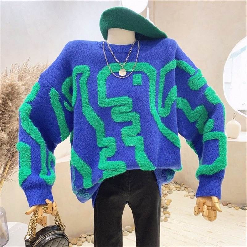 Loose Sweater Round Neck Multicolor Pullover