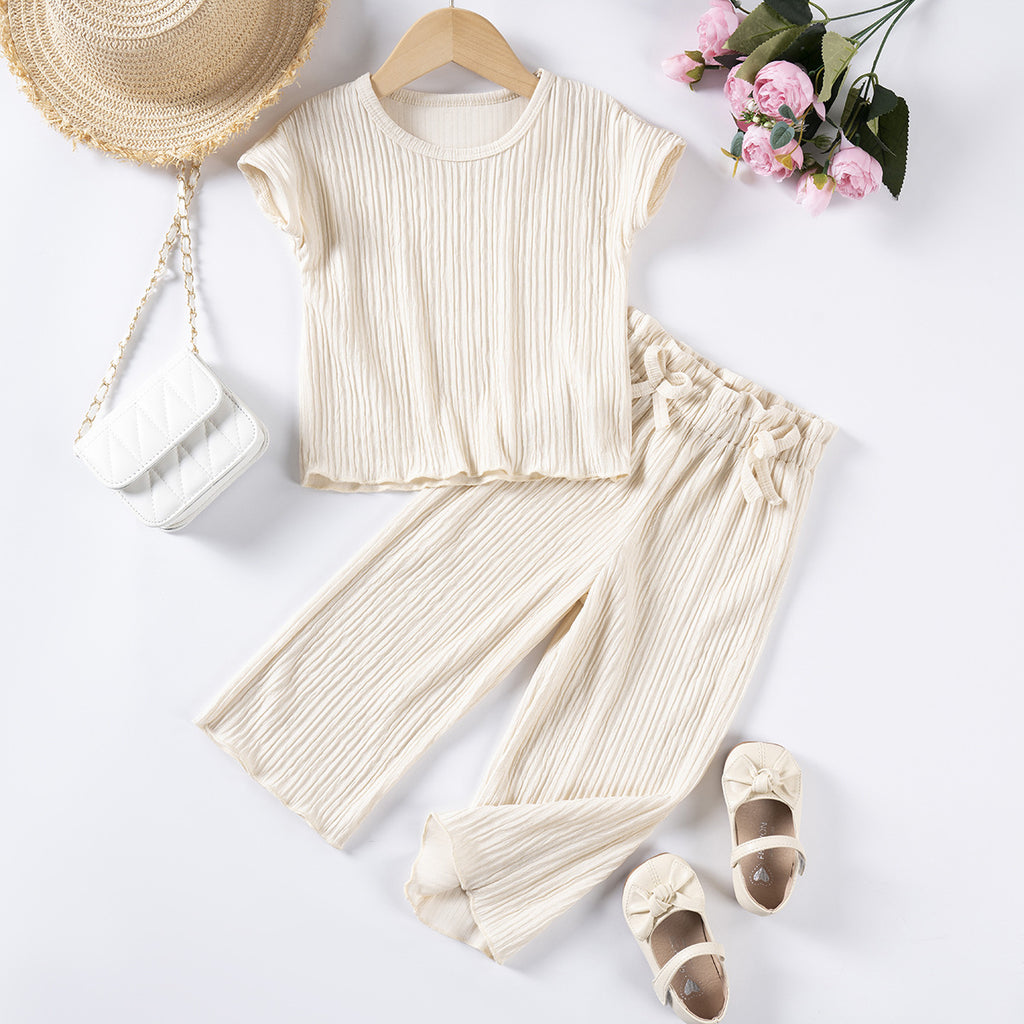 Girls Casual Style Solid Color Short Sleeve Trousers Suit