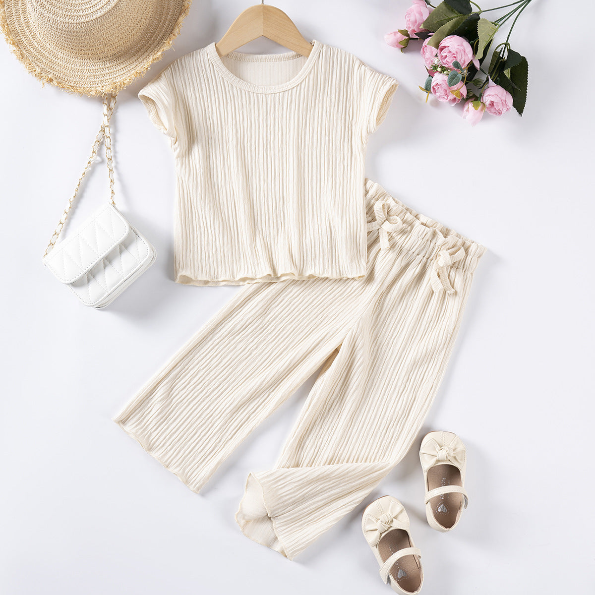 Girls Casual Style Solid Color Short Sleeve Trousers Suit