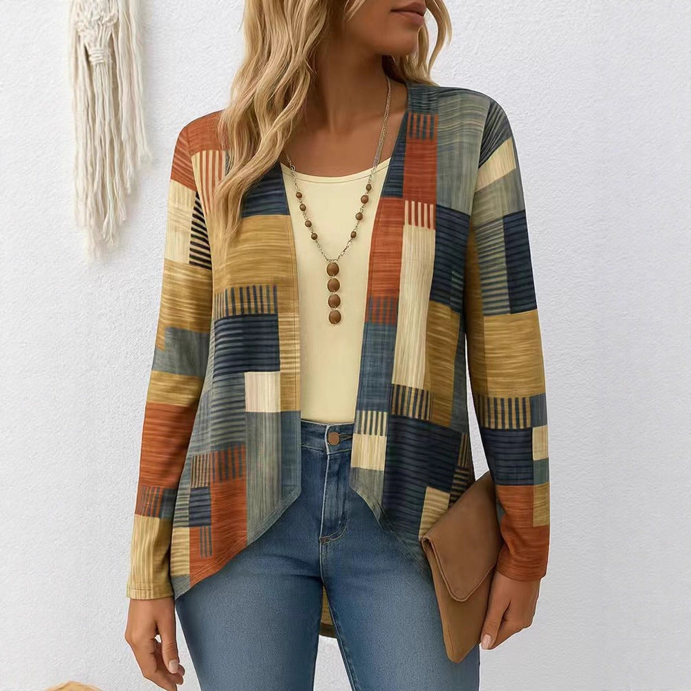 Casual Round Neck Long Sleeve Cardigan Digital Printing Women's Top T-shirt