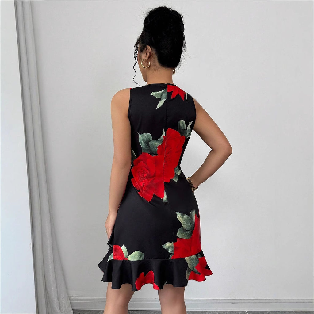 Waist Belt Slim-fit Printed Large Swing Dress