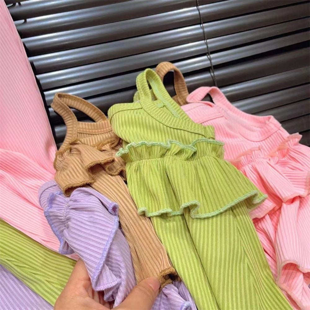 Thin Little Girl Ice Silk Suspender Skirt Bell-bottoms Ankle-length Pants Two-piece Set