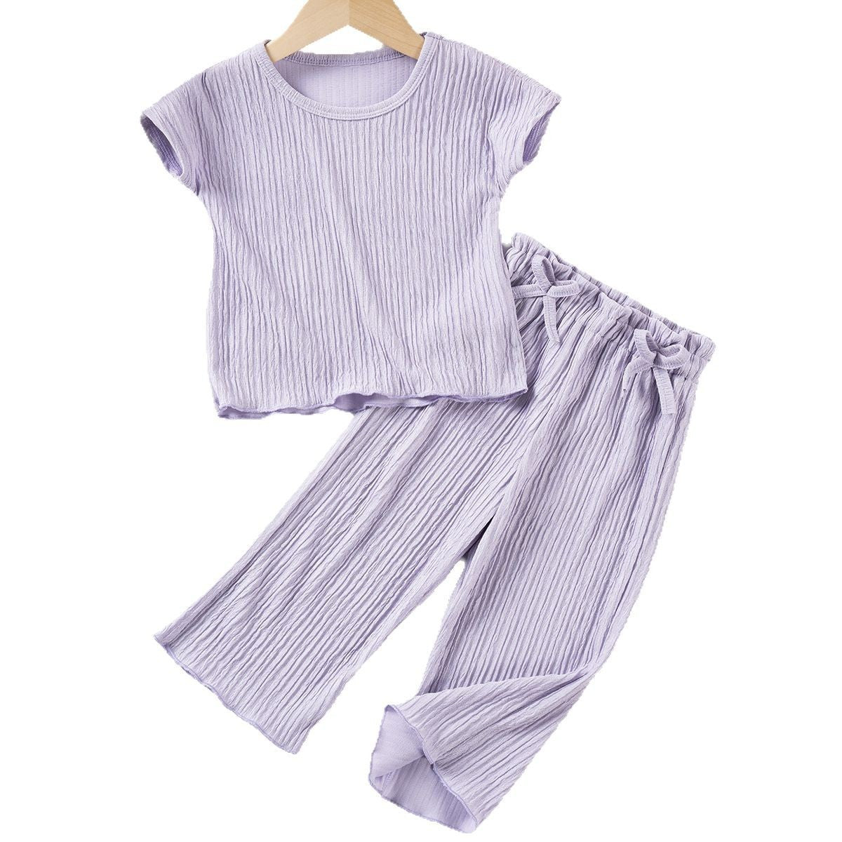 Girls Casual Style Solid Color Short Sleeve Trousers Suit