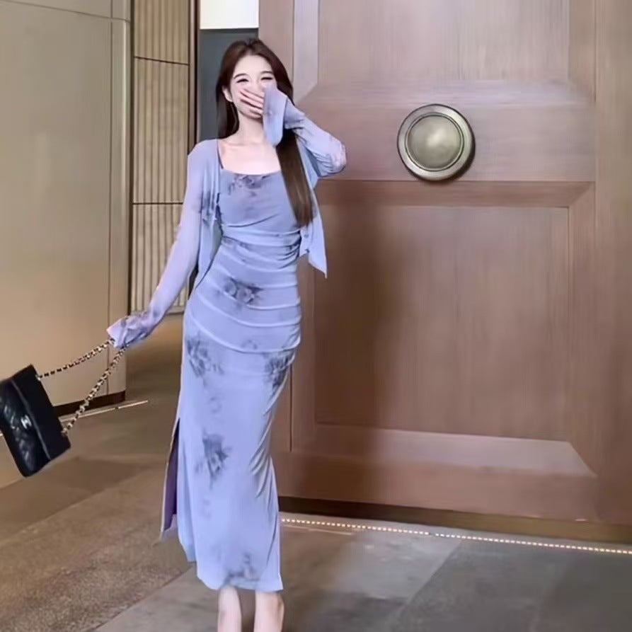 Retro Purple Ink Suspender Skirt High-grade Temperament Slim Fit