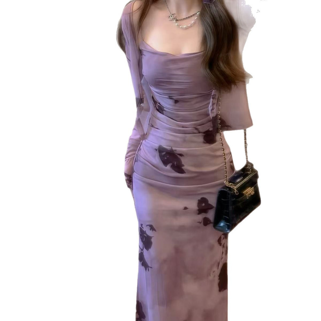 Retro Purple Ink Suspender Skirt High-grade Temperament Slim Fit