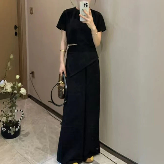 Short Sleeve Bud High Waist Wide Leg Pants Two-piece Set