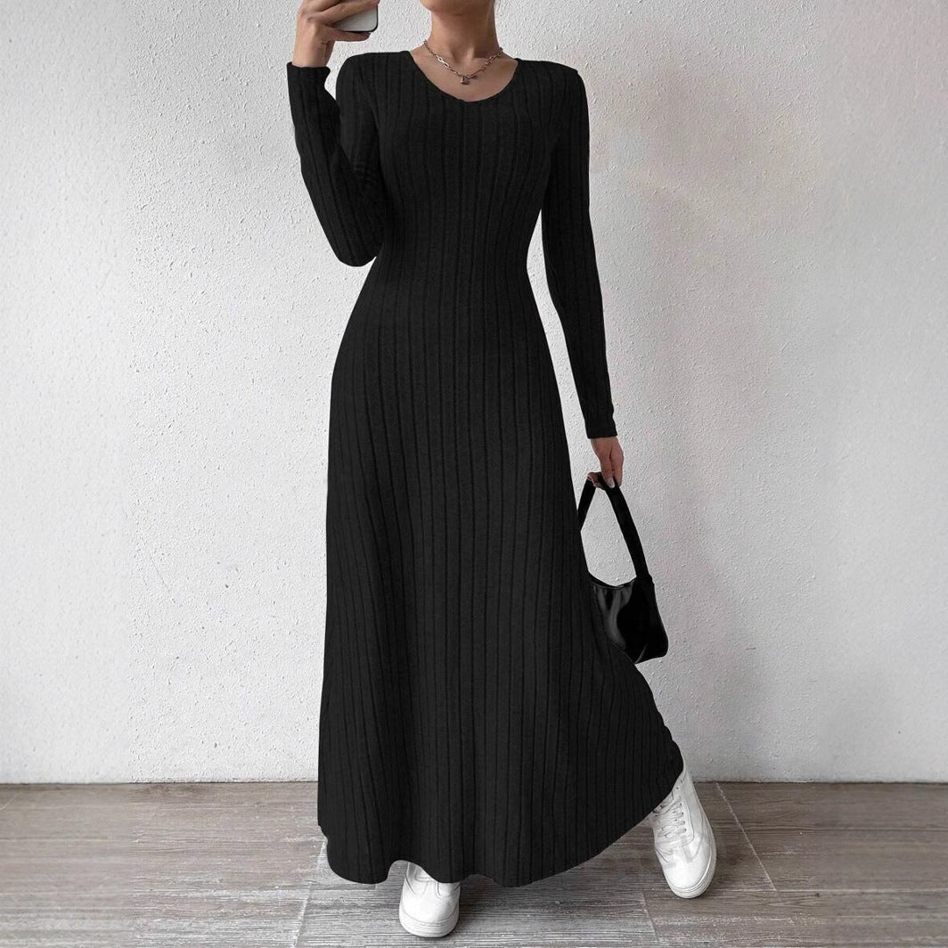 Women's Slim Fit Fashionable Knitted Solid Color Long Sleeve Dress