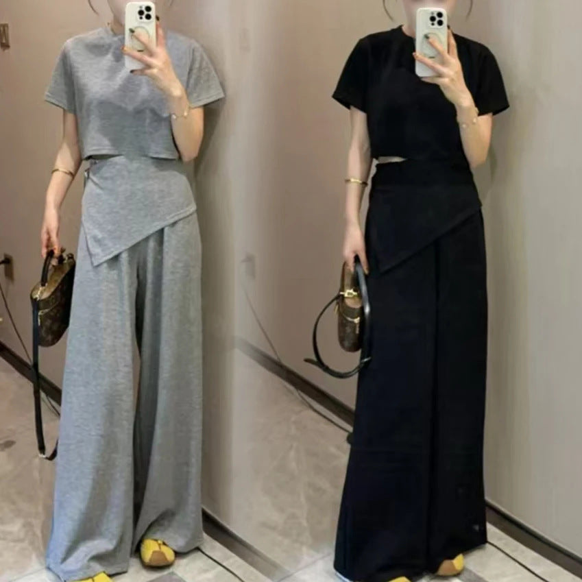 Short Sleeve Bud High Waist Wide Leg Pants Two-piece Set