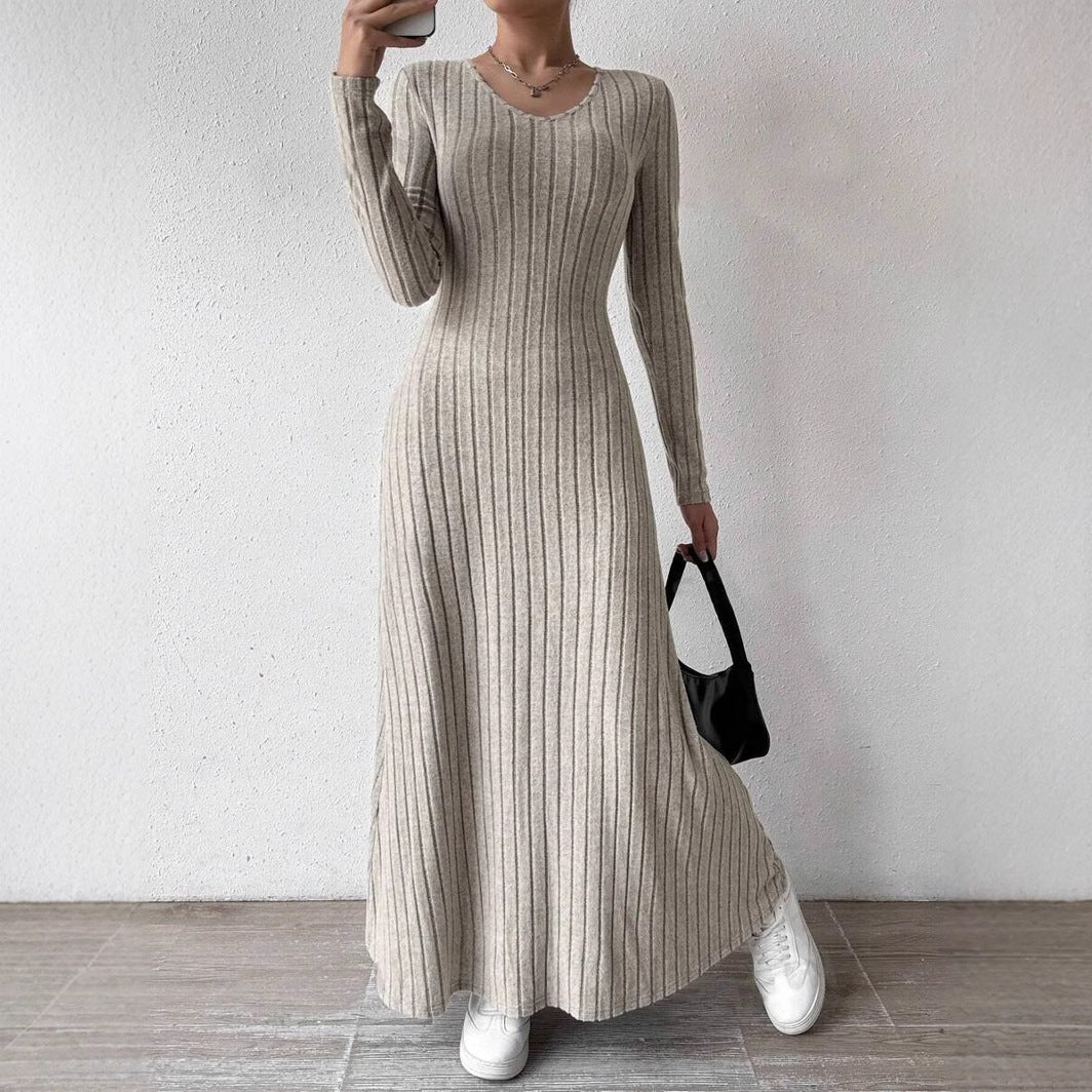 Women's Slim Fit Fashionable Knitted Solid Color Long Sleeve Dress
