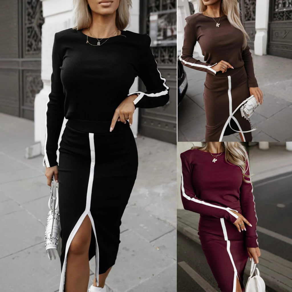 Long Sleeve Pure Color Split Two-piece Skirt Suit For Women