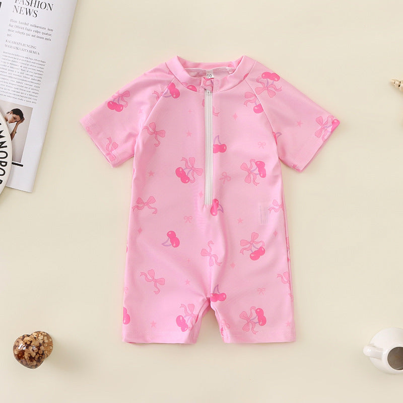 Girls' Bowknot Full Printed One-piece Swimsuit