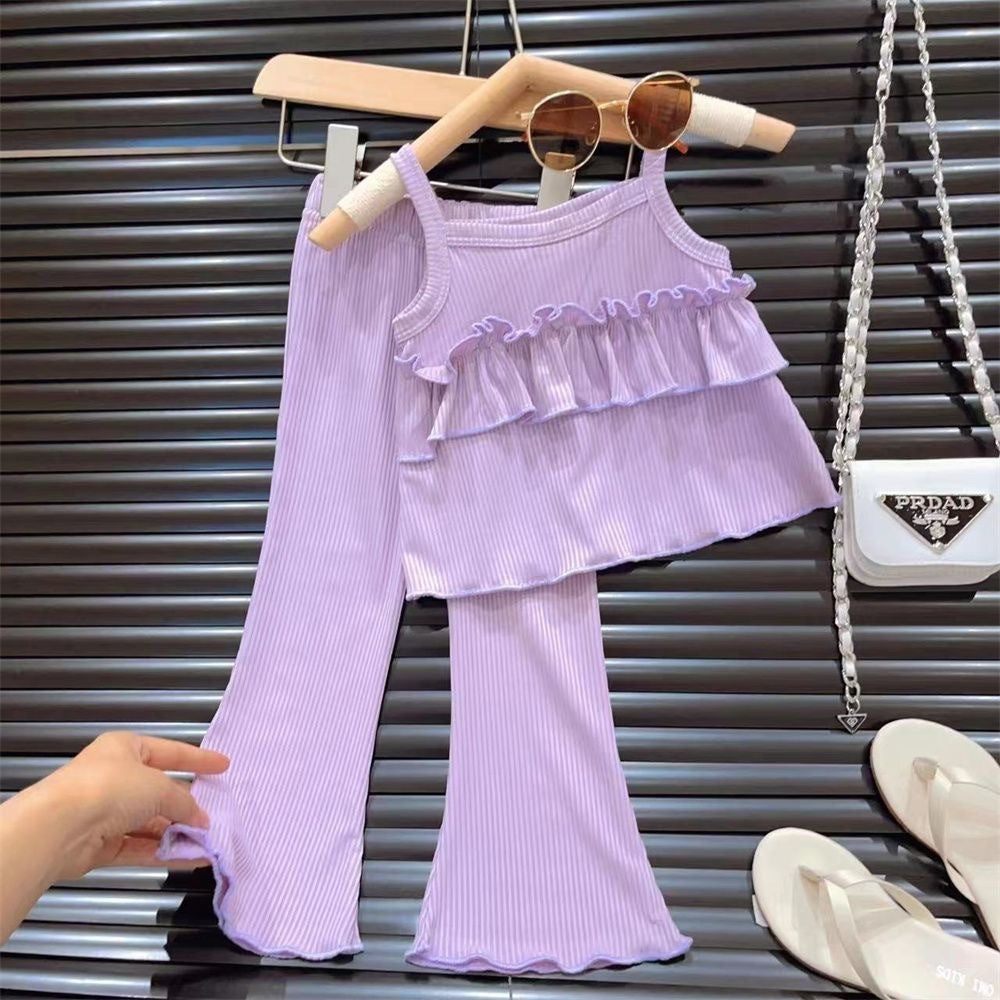 Thin Little Girl Ice Silk Suspender Skirt Bell-bottoms Ankle-length Pants Two-piece Set