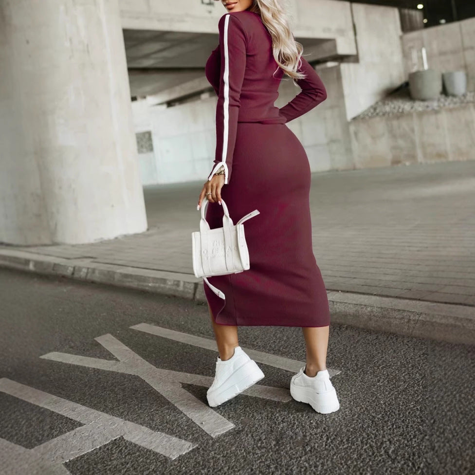 Long Sleeve Pure Color Split Two-piece Skirt Suit For Women