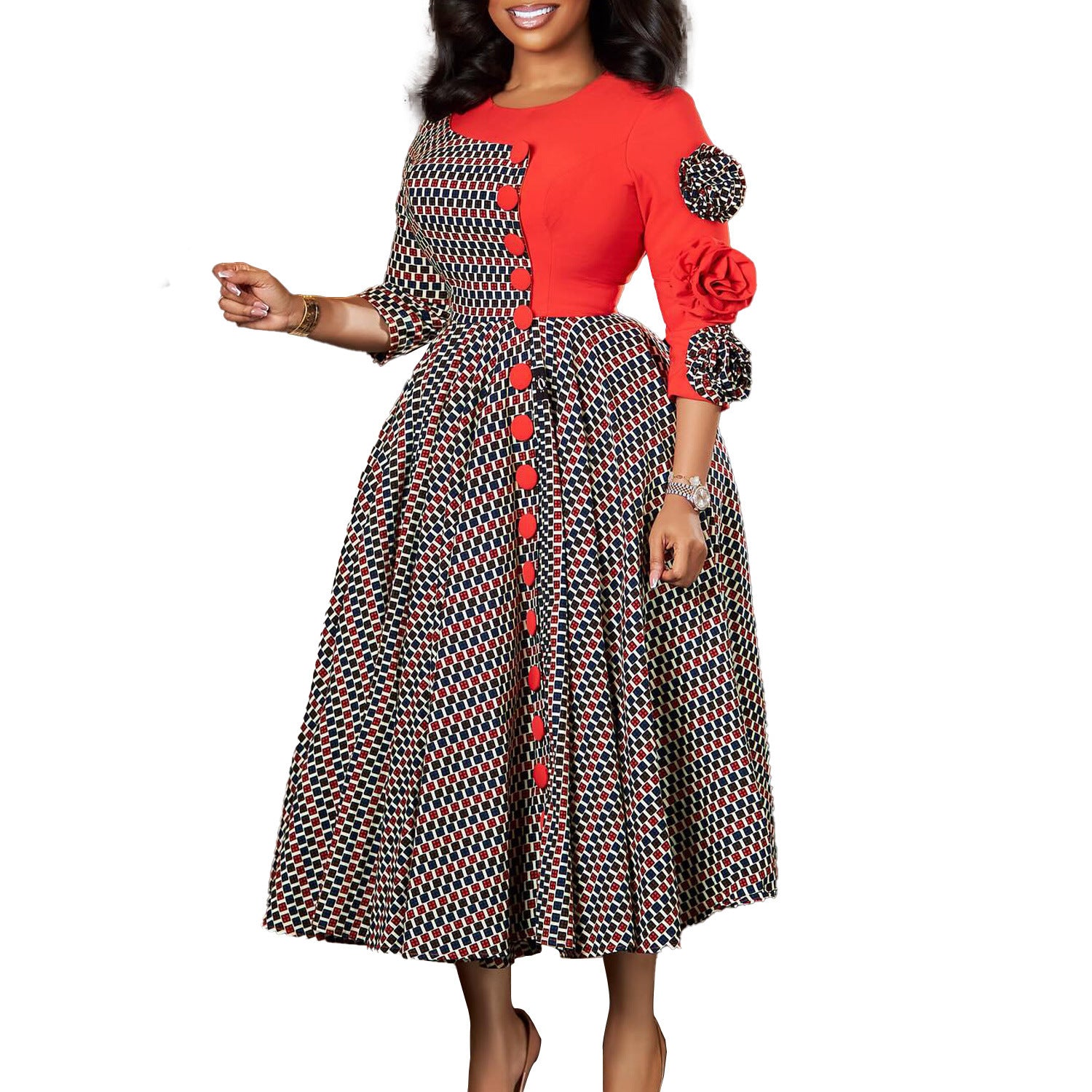 Three-quarter Sleeve Printed Stitching African Dress