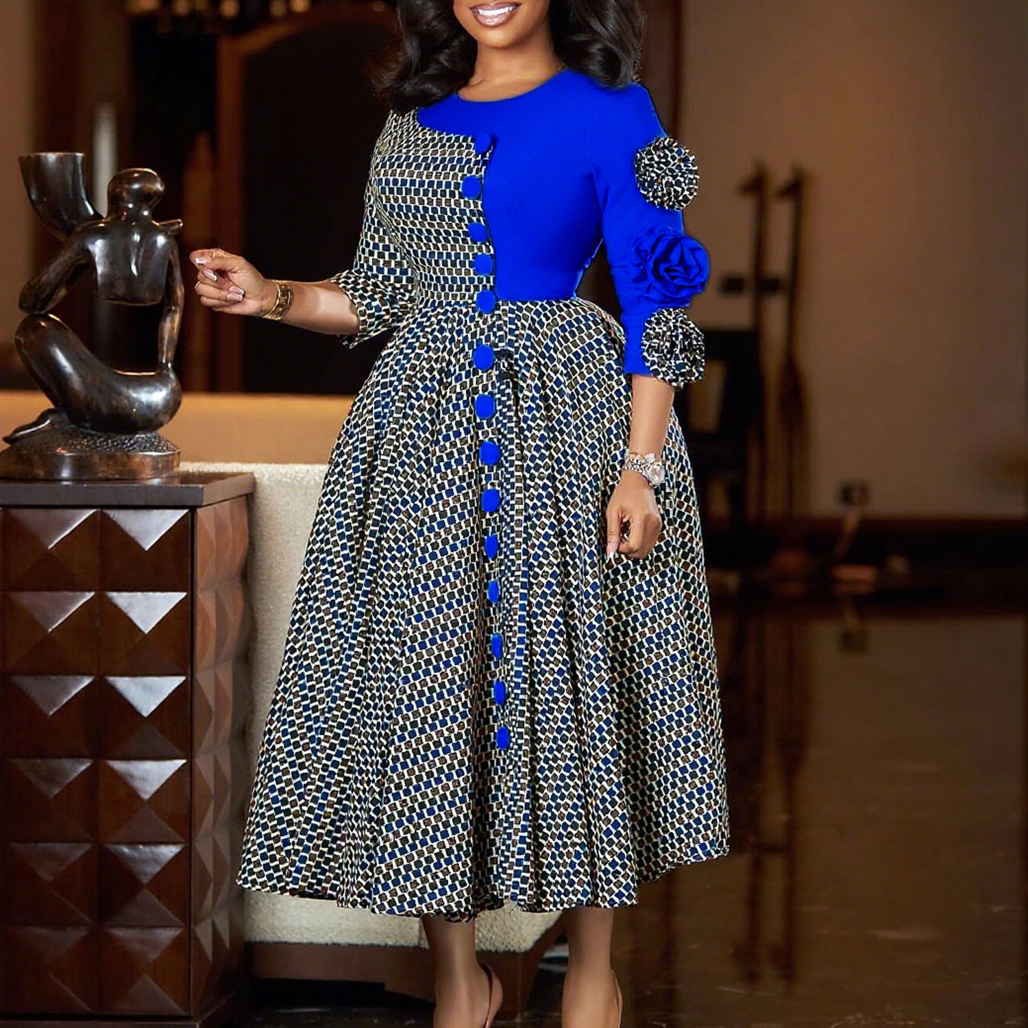 Three-quarter Sleeve Printed Stitching African Dress