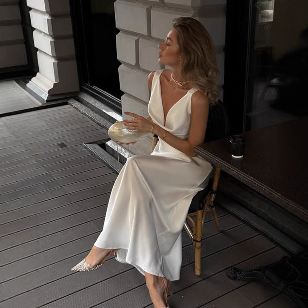 Women's Fashion Swing Collar Dress Satin Dinner Dress