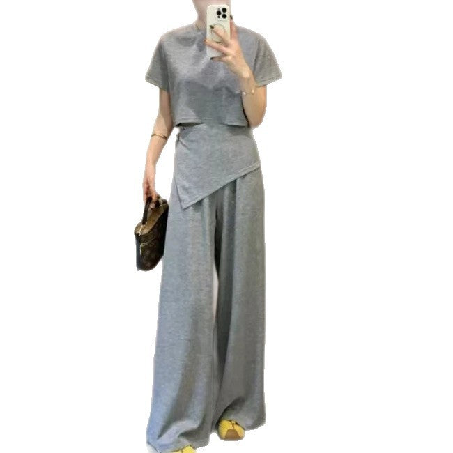 Short Sleeve Bud High Waist Wide Leg Pants Two-piece Set