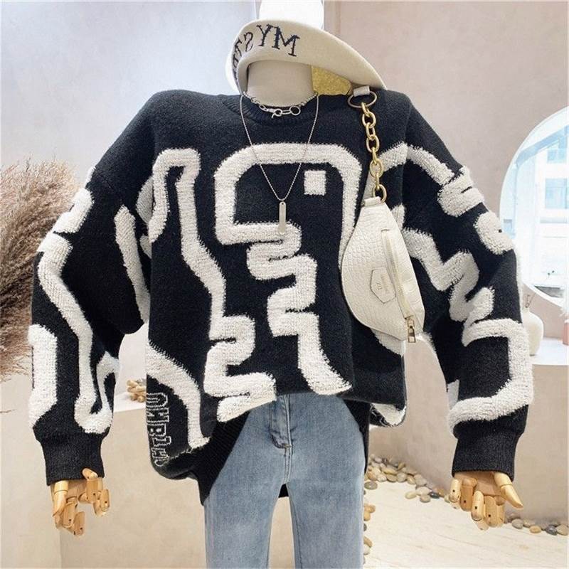 Loose Sweater Round Neck Multicolor Pullover