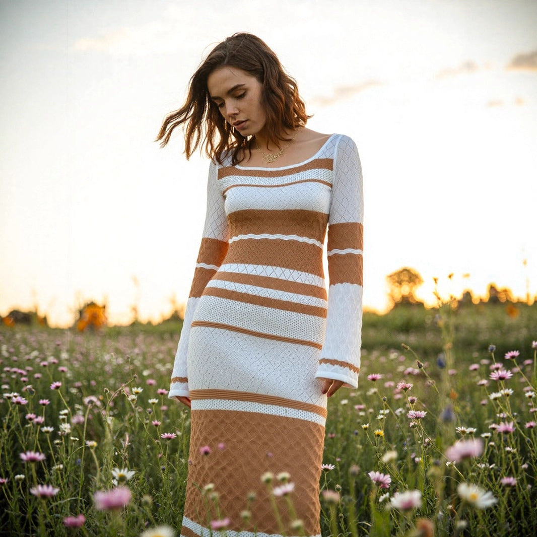 Colorful Contrast Color U-neck Sexy Long-sleeved