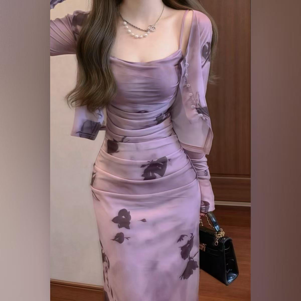 Retro Purple Ink Suspender Skirt High-grade Temperament Slim Fit